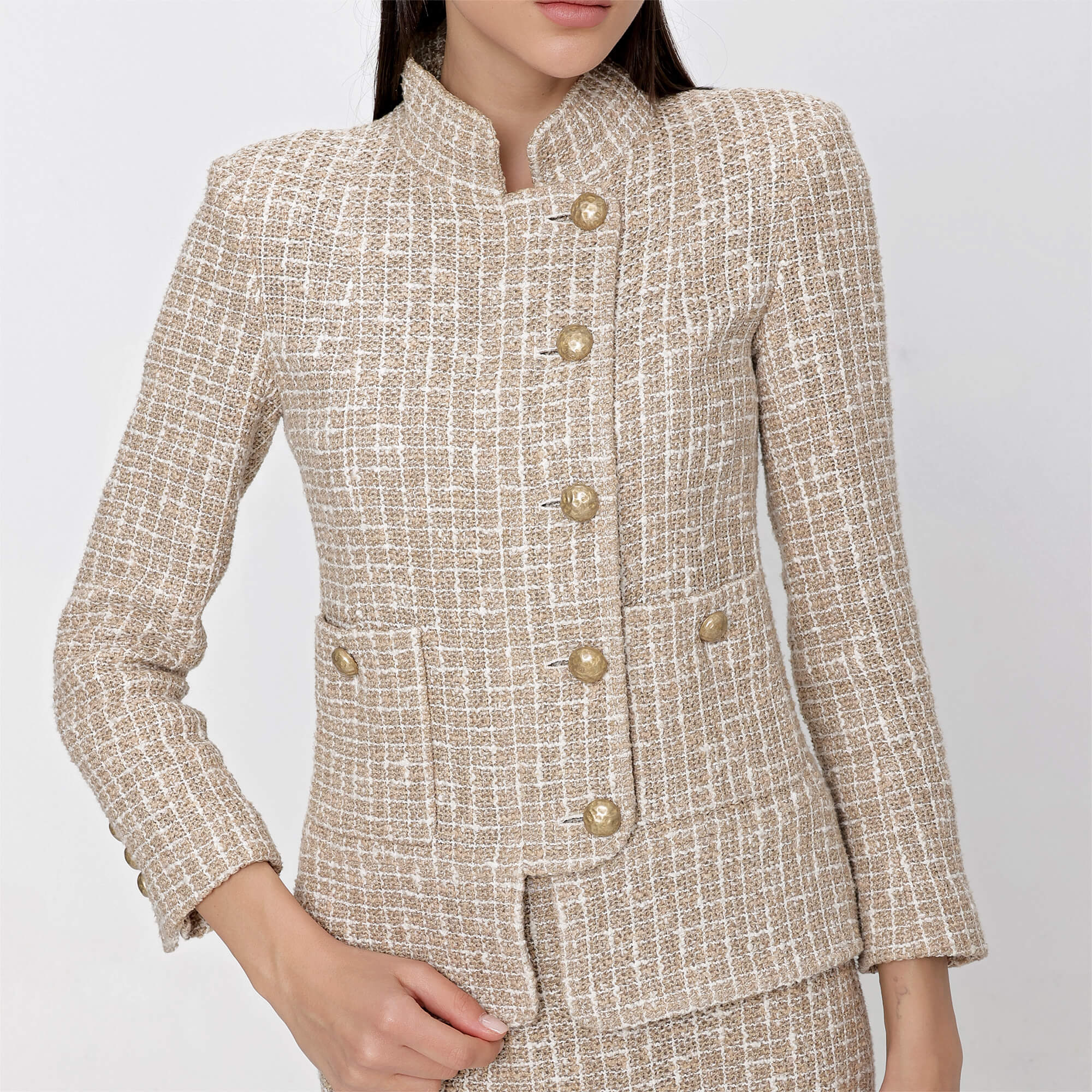 Chanel - Beige and Ecru Cotton Blend Tweed Jacket and Skirt Suit